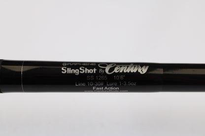 Close-up of a Century SlingShot SS 1265 10'6" Used Spinning Rod in excellent condition, featuring fast action. Trade in your old rod or reel for store credit at www.CenturyRods.com. Ask about our Rod and Reel Trade-In Program!.