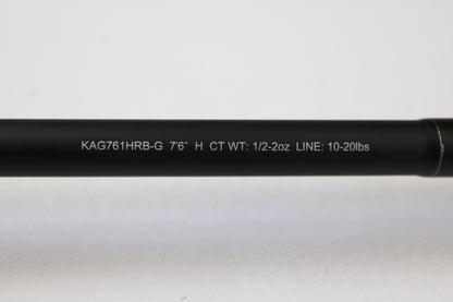 Close-up of a Daiwa Kage KAG761HRB-G Deep Crank 7'6" Heavy used casting rod in excellent condition, with white specs: "CT WT: 1/2-2oz LINE: 10-20lbs." Upgrade today with our rod and reel trade-in or store credit offers.