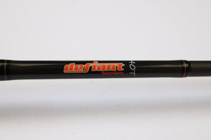 A close-up of a Spiralite Defiant SDC66MF 6'6" Medium Used Casting Rod in excellent condition, with "defiant Series 40T" lettering—ideal for those using our rod and reel trade-in program or store credit on pre-owned gear.