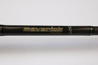Close-up of a Spiralite Maverick SMC70MMF 7'0" Medium Used Casting Rod with gold and white text—eligible for our Rod and Reel Trade-In Program if you want to upgrade your used Spiralite gear.