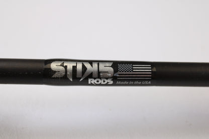 Close-up of a Stik5 Elevate Series Chatter Chicken 7'2" Medium Heavy Used Casting Rod (Excellent Condition) with American flag and "Made in the USA" on a white background—ideal for our Rod and Reel Trade-In Program.