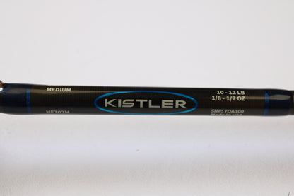 Close-up of a Kistler Helium HE702M 7'0" Medium Used Casting Rod—Very Good Condition—showing "Kistler" branding and rod specs, perfect for the Rod and Reel Trade-In or grabbing quality used gear.