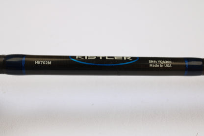 Close-up of a Kistler Helium HE702M 7'0" Medium Used Casting Rod in very good condition, featuring the brand name and model—ideal for Rod and Reel Trade-In or earning store credit on used gear.