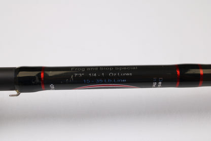 Close-up of a Kistler KFGS73 Frog and Slop Special 7'3" Heavy Used Casting Rod in very good condition, great for 1/4-1 oz lures and 15-35 lb line. Trade in your gear for store credit with our Rod and Reel Trade-In Program!.