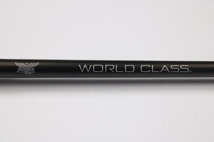 A close-up of the Fenwick World Class Bass WLDB75H-XFC 7'5" Heavy Used Casting Rod in excellent condition, showing the "WORLD CLASS." and small Fenwick logo—ideal for those trading in rods or seeking store credit on used gear.