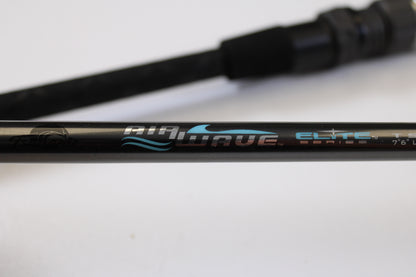 Close-up of the Tsunami Airwave Elite TSAWESS762LT 7'6" 2 Piece Used Spinning Rod in excellent condition, showing "Airwave Elite Series" text—ideal for our trade-in or used gear store credit offers.