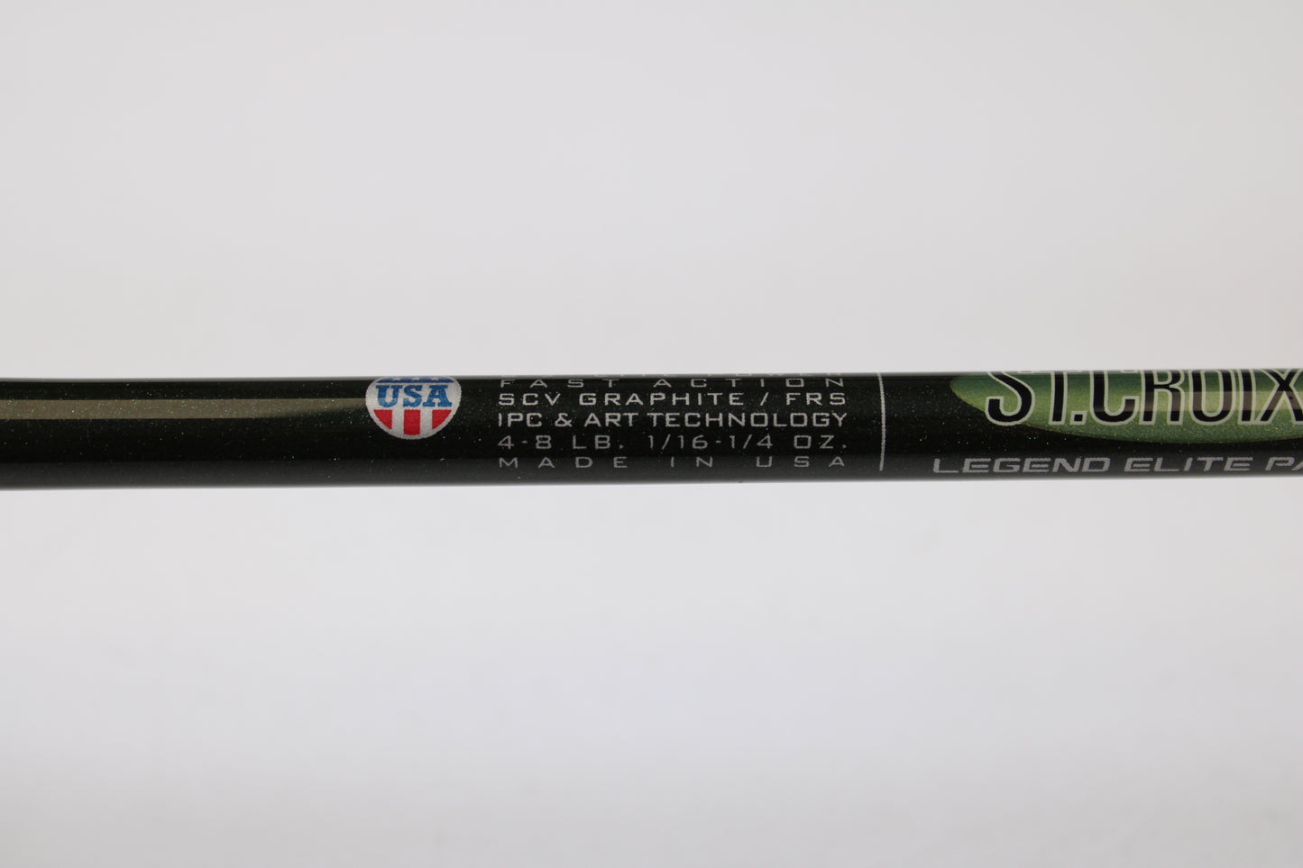 Close-up of a St. Croix Legend Elite Panfish LEP69LF 6'9" Light used spinning rod in excellent condition, showing specs and USA flag emblem. Trade in your used gear for store credit with our Rod and Reel Trade-In Program.