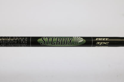 Close-up of a black St. Croix Legend Elite Panfish LEP69LF 6'9" Light used spinning rod in excellent condition, featuring "ST. CROIX ROD" in green and white plus product specs. Ask about our Rod and Reel Trade-In Program for store credit on used gear.