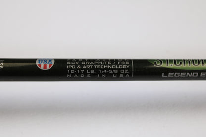 Close-up of a St. Croix Legend Elite EC70MF 7'0" Medium Used Casting Rod showing "SCV graphite/FRS, IPC & ART tech, 10-17 LB, 1/4-5/8 oz., Made in USA" with a USA flag emblem. Eligible for our Rod and Reel Trade-In Program for store credit.