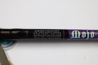 A close-up of a St. Croix Mojo Salt MSWC76MHMF 7’6” Medium Heavy Used Casting Rod in mint condition—ideal for our Rod and Reel Trade-In Program or to earn store credit on used St. Croix gear.