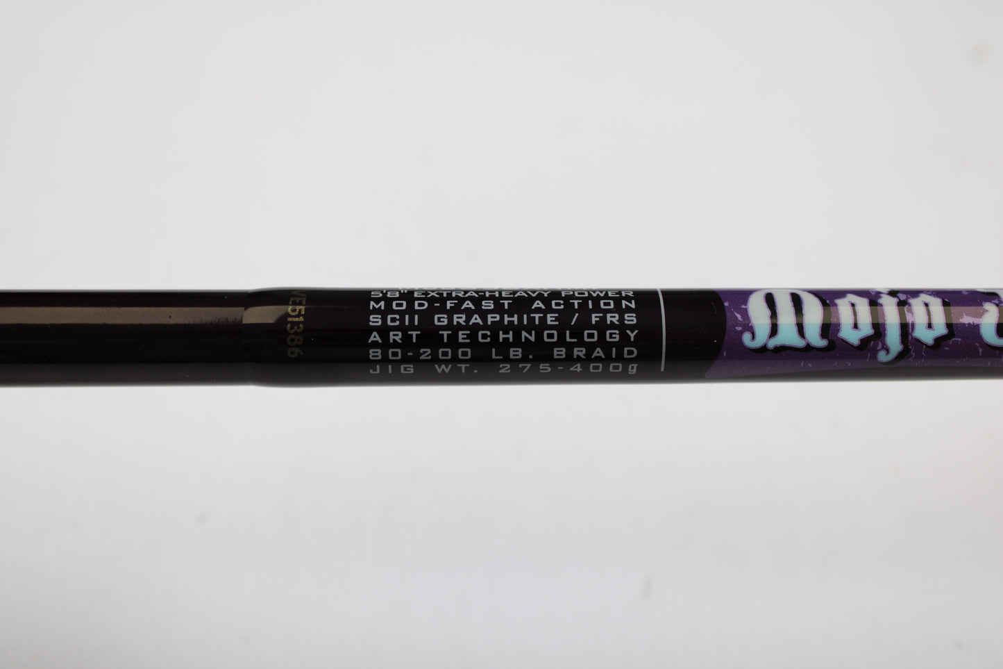 A close-up of the St. Croix Mojo Jig MJJS58XHMF 5'8" XH used spinning rod in mint condition—ideal for upgrading gear with our rod and reel trade-in.