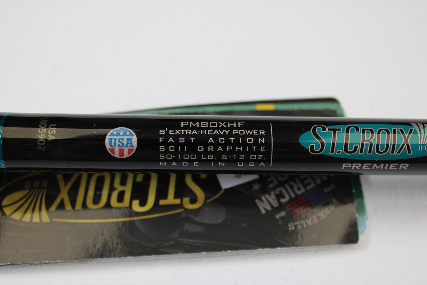 Close-up of a St. Croix Premier Musky PM80XHF 8'0" XH casting rod in mint condition—an excellent choice for those trading in or upgrading used gear, featuring extra-heavy power and fast action by St. Croix.