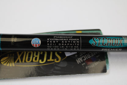 Close-up of a St. Croix Premier Musky PM80XHF 8'0" XH casting rod in mint condition—an excellent choice for those trading in or upgrading used gear, featuring extra-heavy power and fast action by St. Croix.