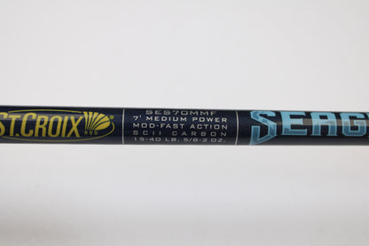 Close-up of a St. Croix Seage SES70MMF 7'0" Medium spinning rod (used, mint condition), eligible for our Rod and Reel Trade-In Program—trade your used gear for store credit.