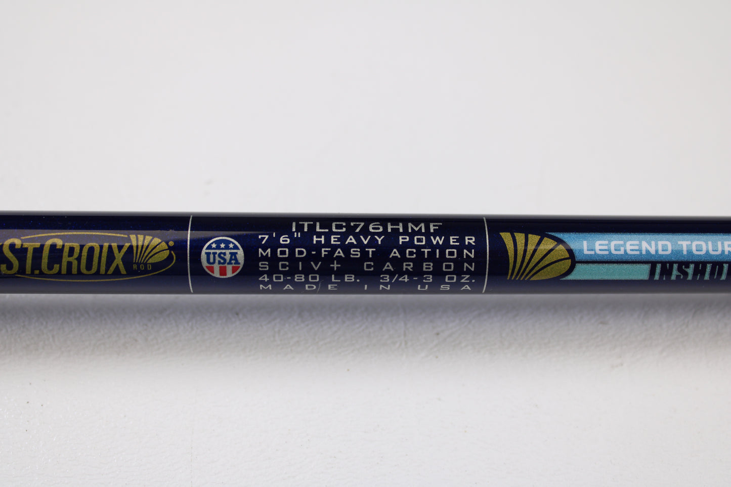 Close-up of a St. Croix Legend Tournament Inshore ITLC76HMF 7'6" Heavy casting rod in mint, used condition—ask about used gear or our trade-in program for store credit. Made in USA with pride.