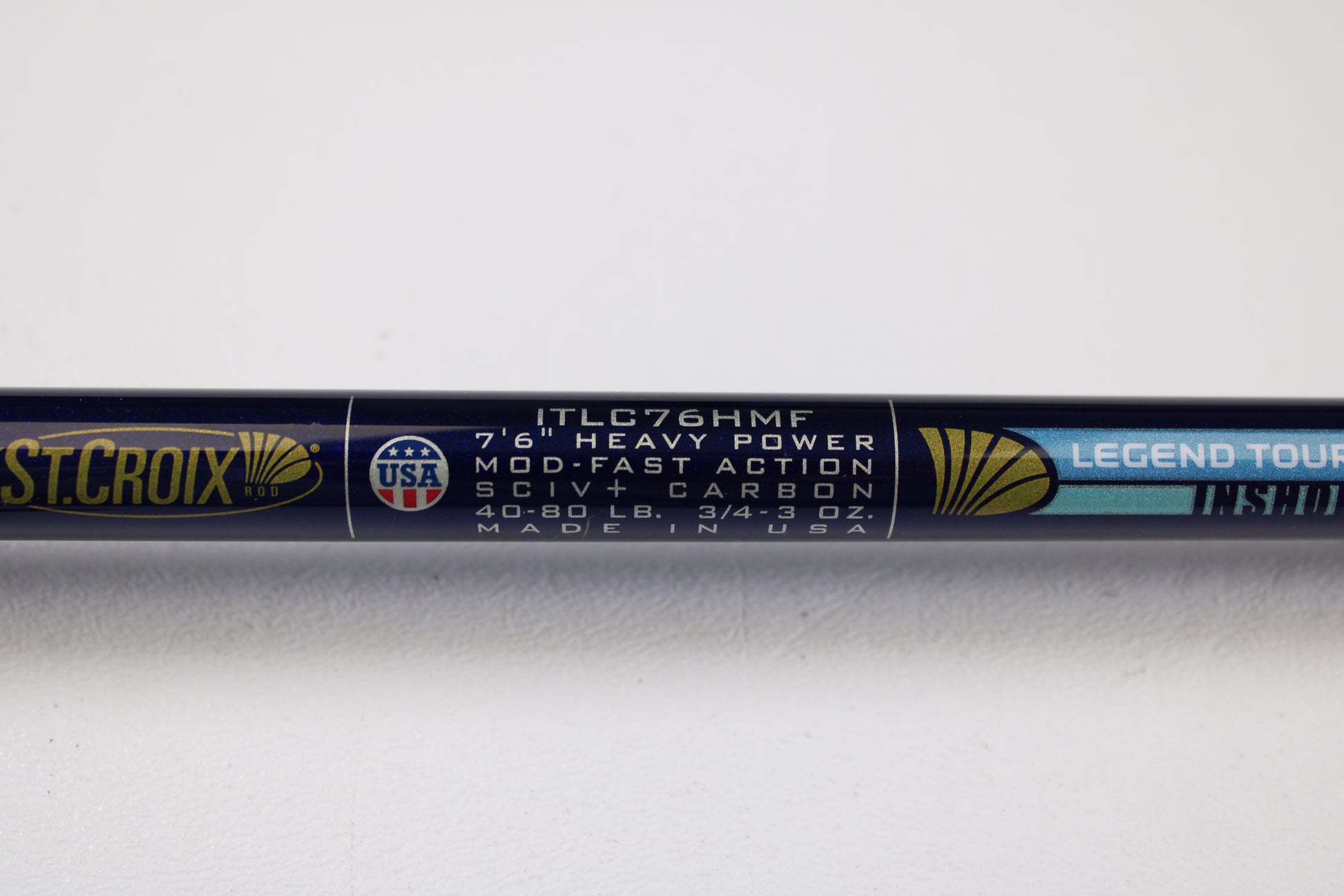 Close-up of a St. Croix Legend Tournament Inshore ITLC76HMF 7'6" Heavy casting rod in mint, used condition—ask about used gear or our trade-in program for store credit. Made in USA with pride.
