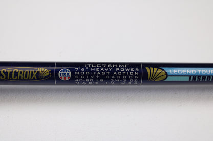 Close-up of a St. Croix Legend Tournament Inshore ITLC76HMF 7'6" Heavy casting rod in mint, used condition—ask about used gear or our trade-in program for store credit. Made in USA with pride.