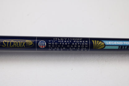 Close-up of a St. Croix Legend Tournament Inshore ITLC711HMF 7'11" Heavy Used Casting Rod—Mint Condition, perfect for the Rod and Reel Trade-In Program. Upgrade your gear or earn store credit with this top-quality St. Croix rod!.