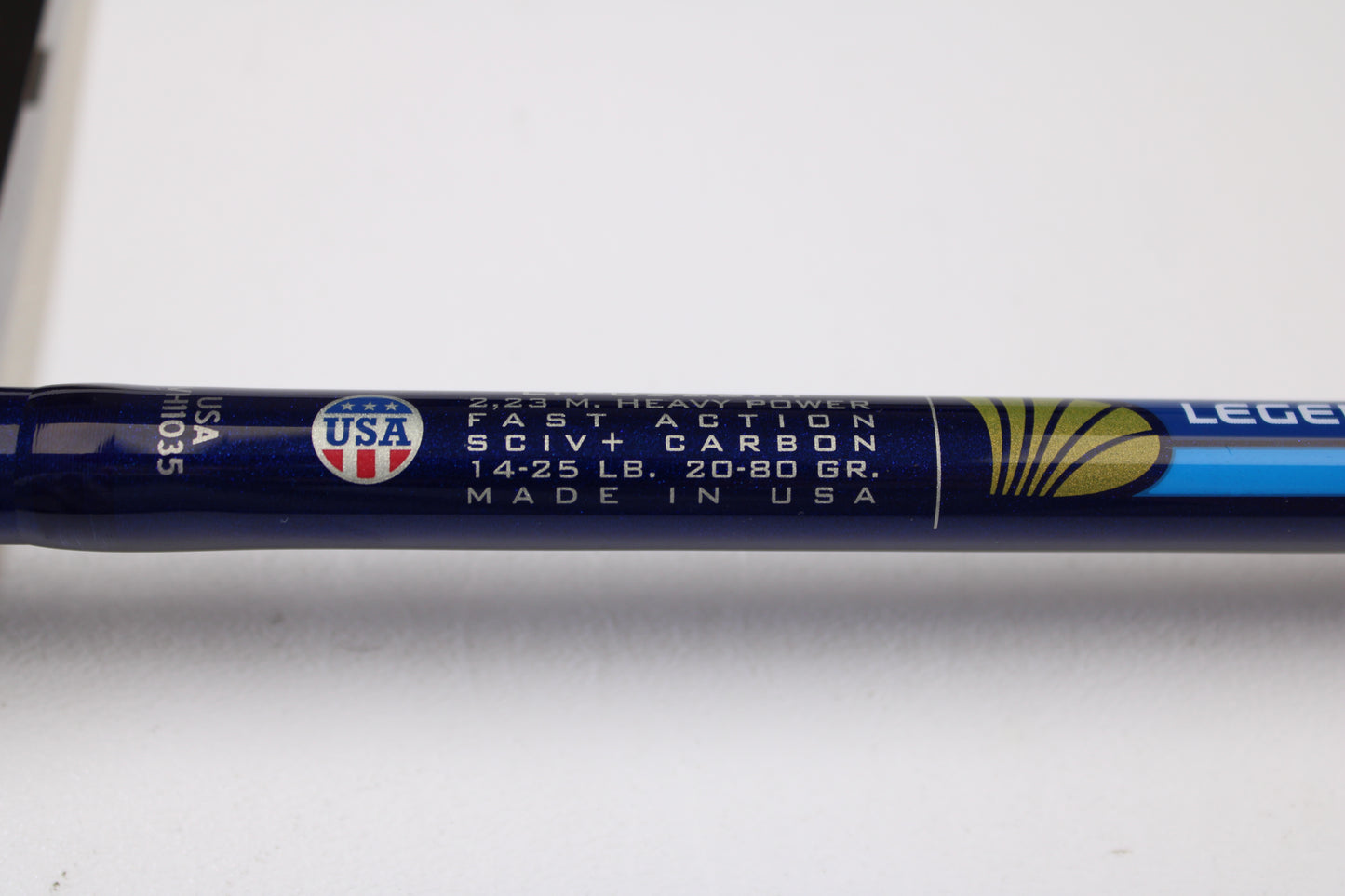 Close-up of the St. Croix Legend Tournament Pike LTPC223HF "Slop-N-Tail" 7'3" Medium Heavy Used Casting Rod—Mint Condition. Features "Made in USA," fast action, and SCIV+ carbon. Ideal for upgrading with our Trade-In Program or shopping used gear.