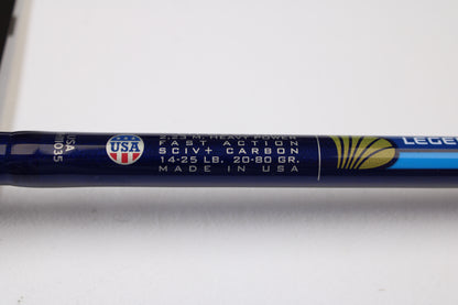 Close-up of the St. Croix Legend Tournament Pike LTPC223HF "Slop-N-Tail" 7'3" Medium Heavy Used Casting Rod—Mint Condition. Features "Made in USA," fast action, and SCIV+ carbon. Ideal for upgrading with our Trade-In Program or shopping used gear.