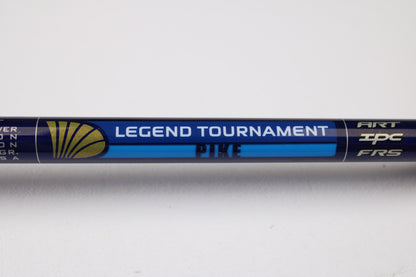 A close-up of a St. Croix Legend Tournament Pike LTPC223HF Slop-N-Tail 7'3" used casting rod—blue with gold and white accents, "ART," "IPC," and "FRS" markings—ideal for our Rod and Reel Trade-In or used gear shopping.