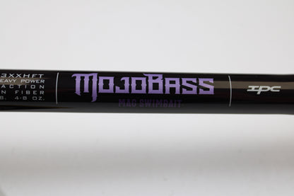 Close-up of a St. Croix Mojo Bass JOC83XXHFT Mag Swimbait 8'3" XXH used casting rod in mint condition—ideal for anglers upgrading gear with our trade-in program or shopping quality used rods.