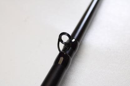Close-up of a St. Croix Mojo Bass JOC83XXHFT Mag Swimbait 8'3" XXH used casting rod in mint condition highlights its single line guide ring—ideal for those seeking top-quality used St. Croix gear.