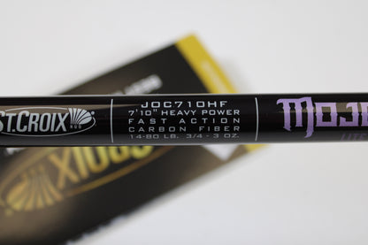 Close-up of a St. Croix Mojo Bass JOC710HF Lite Swimbait 7'10" heavy used casting rod in mint condition—eligible for our used gear or trade-in program. Rated for 14-80 lb line and 3/4–3 oz lures.