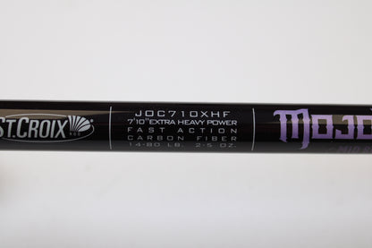 Close-up of a St. Croix Mojo Bass JOC710XHF Mid Swimbait 7'10" XH Used Casting Rod in mint condition. Trade in your used gear for store credit with our Rod and Reel Trade-In Program.