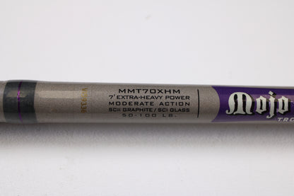 Mint condition St. Croix Mojo Musky Trolling MMT70XHM 7'0" Extra-Heavy used casting rod (silver/purple, 50-100 lb., SCIII Graphite/SCI Glass) available for store credit through our Rod and Reel Trade-In Program.