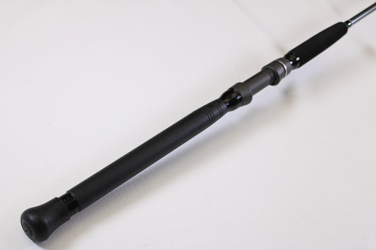 Close-up of a Shimano Terez BW TZBWS72MSBA 7'2" Medium Used Casting Rod in mint condition, featuring a black cushioned handle—ideal for anglers looking to trade in gear for store credit.