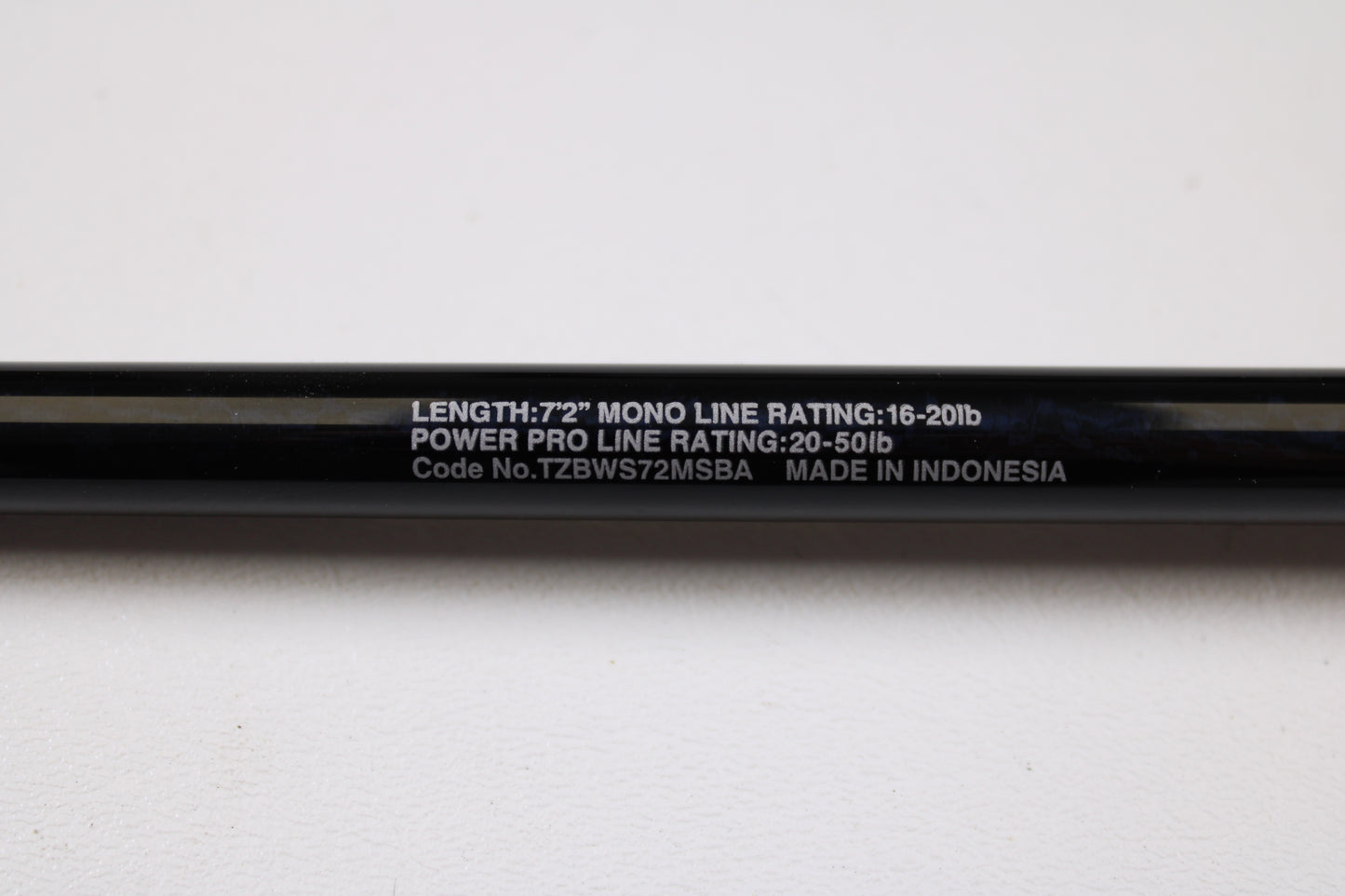 A close-up of the Shimano Terez BW TZBWS72MSBA 7'2" Medium Used Casting Rod in mint condition, showing specs: mono line 16-20 lb, power pro 20-50 lb, code no. TZBWS72MSBA—ideal for your next rod and reel upgrade.