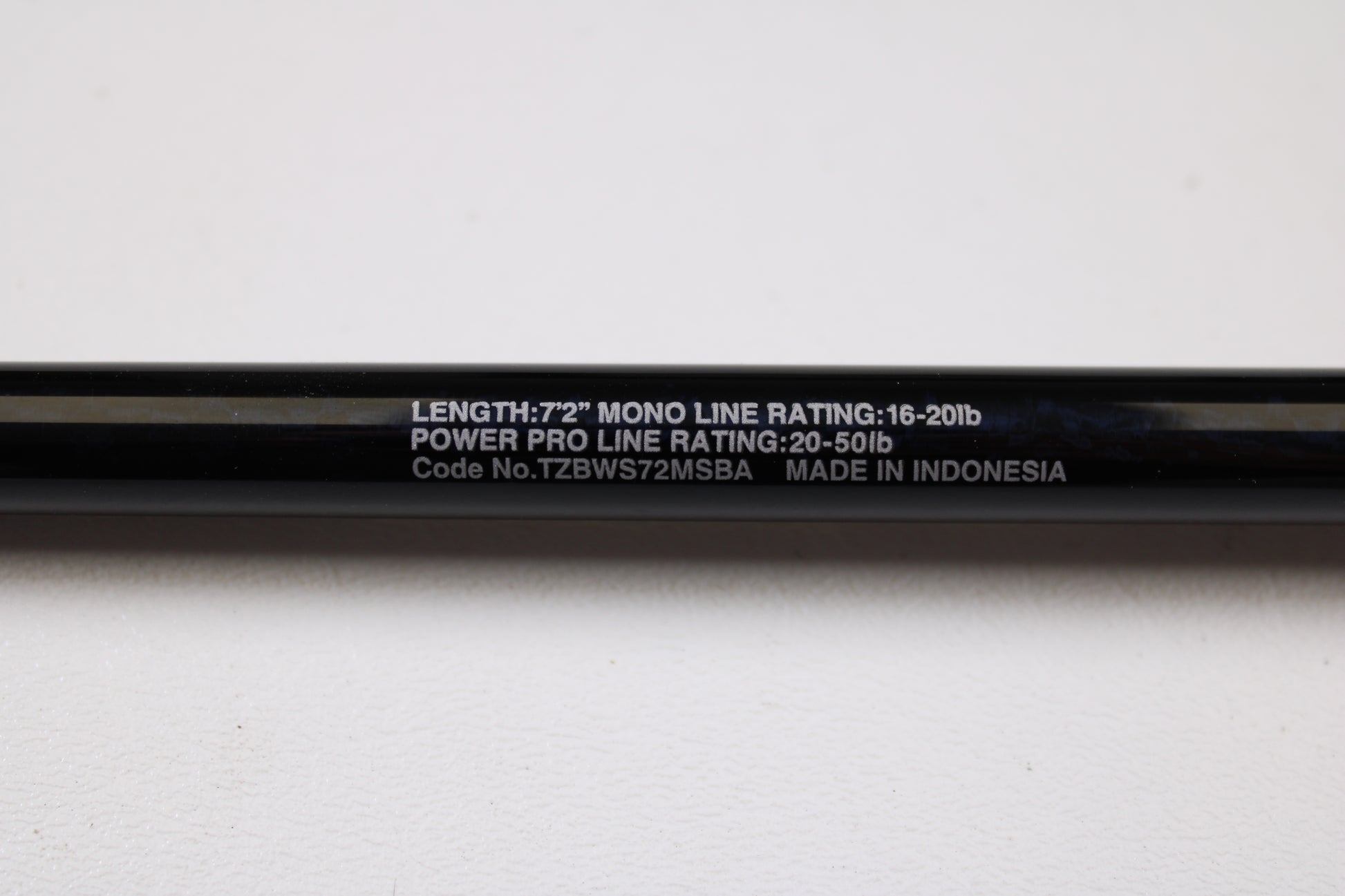 A close-up of the Shimano Terez BW TZBWS72MSBA 7'2" Medium Used Casting Rod in mint condition, showing specs: mono line 16-20 lb, power pro 20-50 lb, code no. TZBWS72MSBA—ideal for your next rod and reel upgrade.