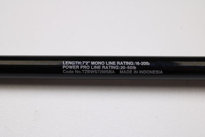 A close-up of the Shimano Terez BW TZBWS72MSBA 7'2" Medium Used Casting Rod in mint condition, showing specs: mono line 16-20 lb, power pro 20-50 lb, code no. TZBWS72MSBA—ideal for your next rod and reel upgrade.
