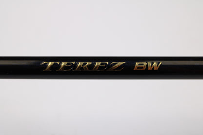 A close-up of a Shimano Terez BW TZBWS72MSBA 7'2" Medium Used Casting Rod in mint condition, with "TEREZ BW" in gold lettering on black, ideal for our rod and reel trade-in program or upgrading to used gear.