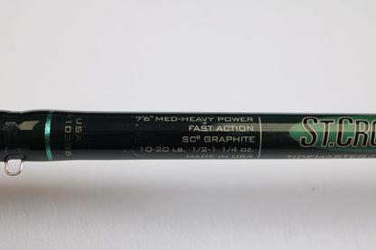 Close-up of a St. Croix Tidemaster Travel TIC76MHF3 7'6" medium-heavy, 3-piece used casting rod in excellent condition—ideal for the Rod and Reel Trade-In Program or earning store credit on your used gear.