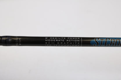 Close-up of a St. Croix Avid AVS80MLM2 8' Medium Light 2-Piece Used Spinning Rod in excellent condition. Ideal for those trading in gear with our Rod and Reel Trade-In Program for store credit.