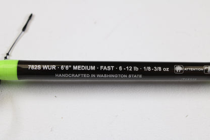A close-up of the G. Loomis E6X Walleye 782S WUR 6’6” Medium Used Spinning Rod (Mint Condition) with specs and “HANDCRAFTED IN WASHINGTON STATE” on a white background—ideal for our rod and reel trade-in program.