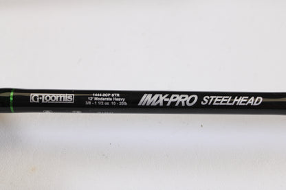 Close-up of a G. Loomis IMX-PRO Steelhead Centerpin 12'0" Heavy 2 Piece used spinning rod in mint condition—perfect for our Rod and Reel Trade-In Program: trade your used gear for store credit!.