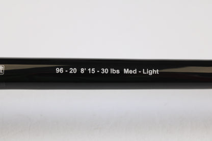 A detailed shot of the G. Loomis IMX-PRO Offshore 96-20 8'0" Medium Light Used Casting Rod in mint condition—ideal for fans of quality pre-owned gear and our Rod and Reel Trade-In Program.