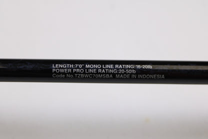Close-up of the Shimano Terez BW TZBWC70MSBA 7'0" Medium Casting Rod, used in mint condition. Specs: mono line 16-20 lb, power pro 20-50 lb. Perfect for our rod and reel trade-in—swap your gear for store credit! Made in Indonesia.