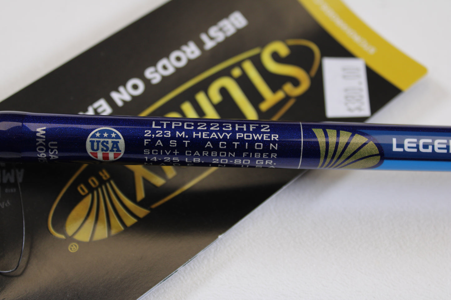 Close-up of a St. Croix Legend Tournament Pike LTPC223HF2 Slop N Tail 7'4" Heavy 2-Piece used casting rod in mint condition—perfect for anglers upgrading via our rod and reel trade-in program or earning store credit on used gear.