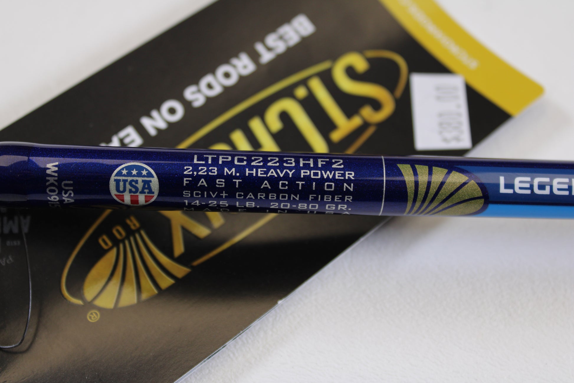 Close-up of a St. Croix Legend Tournament Pike LTPC223HF2 Slop N Tail 7'4" Heavy 2-Piece used casting rod in mint condition—perfect for anglers upgrading via our rod and reel trade-in program or earning store credit on used gear.