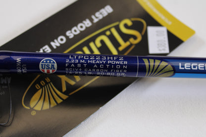 Close-up of a St. Croix Legend Tournament Pike LTPC223HF2 Slop N Tail 7'4" Heavy 2-Piece used casting rod in mint condition—perfect for anglers upgrading via our rod and reel trade-in program or earning store credit on used gear.