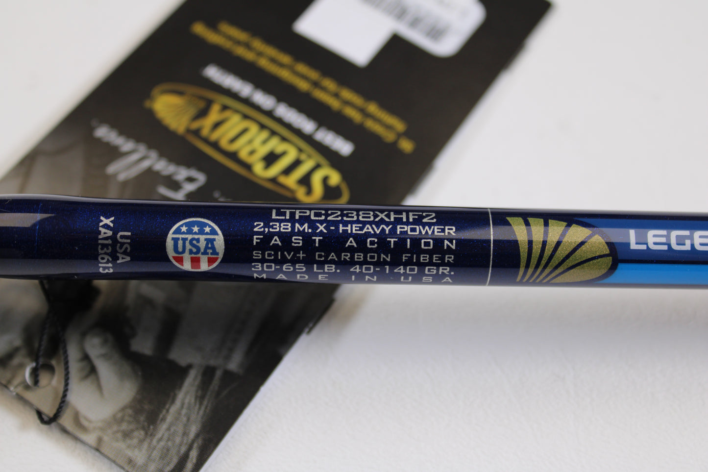 Close-up of a St. Croix Legend Tournament Pike LTPC238XHF2 Swimbait Special 7'10" XH 2-piece used casting rod (mint), showing specs and US flag—ideal for our Rod and Reel Trade-In or store credit on used gear.