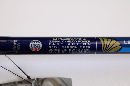 Close-up of a St. Croix Legend Tournament Pike LTPC259XHF2 Big Shad Swimbait 8'6" XH casting rod label: "2.59m, X-Heavy, Fast Action, SCIV+ Carbon Fiber, 30-65lb, 60-120gr." USA flag emblem, “Made in USA.” Eligible for Rod & Reel Trade-In Program.