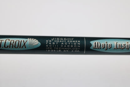 Close-up of a St. Croix Mojo Inshore JIS66HF 6'6" Heavy Used Spinning Rod in mint condition. Trade in your used gear through our Rod and Reel Trade-In Program to earn store credit for your next upgrade!.