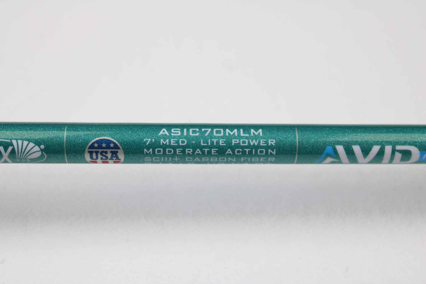 Close-up of a St. Croix Avid Inshore ASIC70MLM 7'0" Medium Light Used Casting Rod—mint condition, eligible for Rod and Reel Trade-In Program. Features SCIII + carbon fiber construction. Perfect used gear for store credit!.