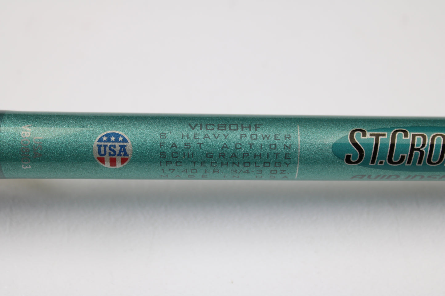 Close-up of the St. Croix Avid Inshore VIC80HF 8'0" Heavy Used Casting Rod in mint condition—perfect for your next rod and reel trade-in or used gear collection, showing "SCIII Graphite IPC Technology" and "Made in USA" details.