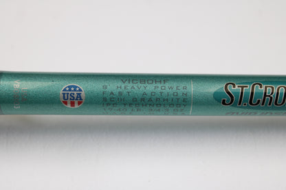 Close-up of the St. Croix Avid Inshore VIC80HF 8'0" Heavy Used Casting Rod in mint condition—perfect for your next rod and reel trade-in or used gear collection, showing "SCIII Graphite IPC Technology" and "Made in USA" details.